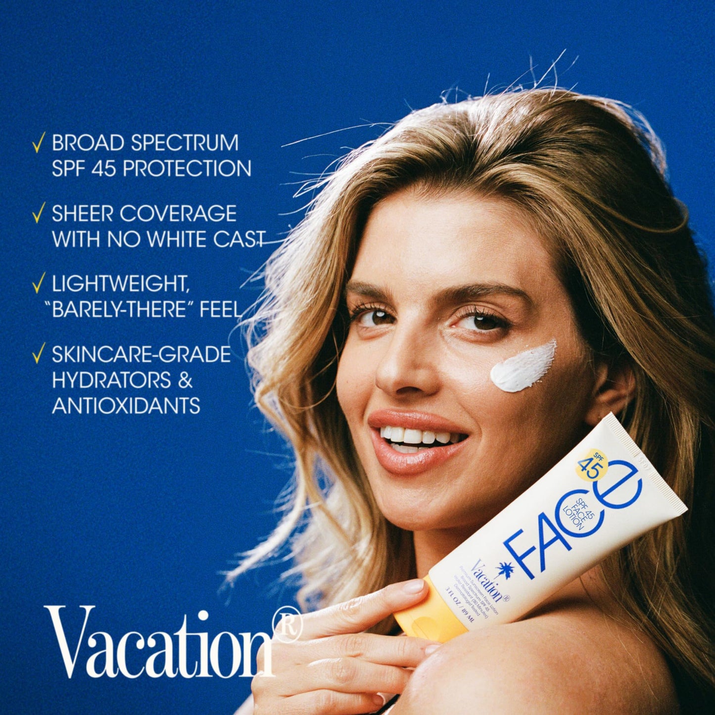 Vacation Classic Face Sunscreen Lotion SPF 45, 3 Fluid Ounces - Sunscreen for Face, Lightweight, Daily Use, Transparent on All Skin Tones, Water-Resistant, Dermatologist-Tested, Vegan