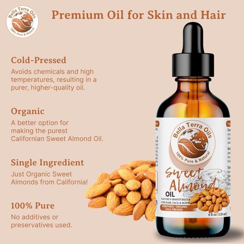 Bella Terra Oils - Organic Sweet Almond Oil 8oz - A Deep Dive into Almond's Vitamin A & Linoleic Acid Profile, Superior Cold-Pressed Delight for Skin