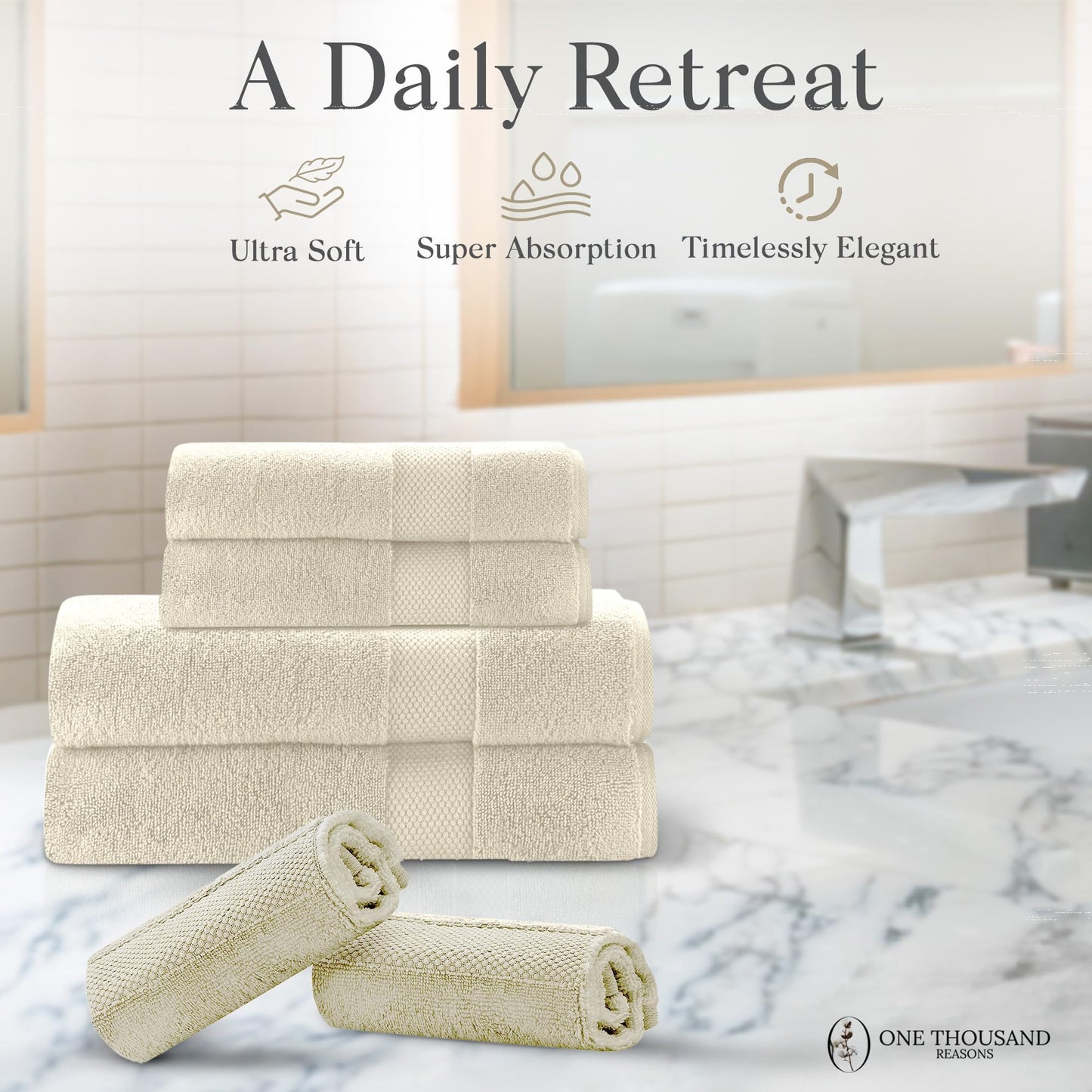 Premium Staple Cotton Bathroom Towel Set - Beige 600 GSM 6-Piece Luxury Bath Towel Set 1 Stripe - 2 Bath Towels, 2 Hand Towels & 2 Washclothes Set - High Absorbent & Quick Dry for Gym, Spa, Hotel