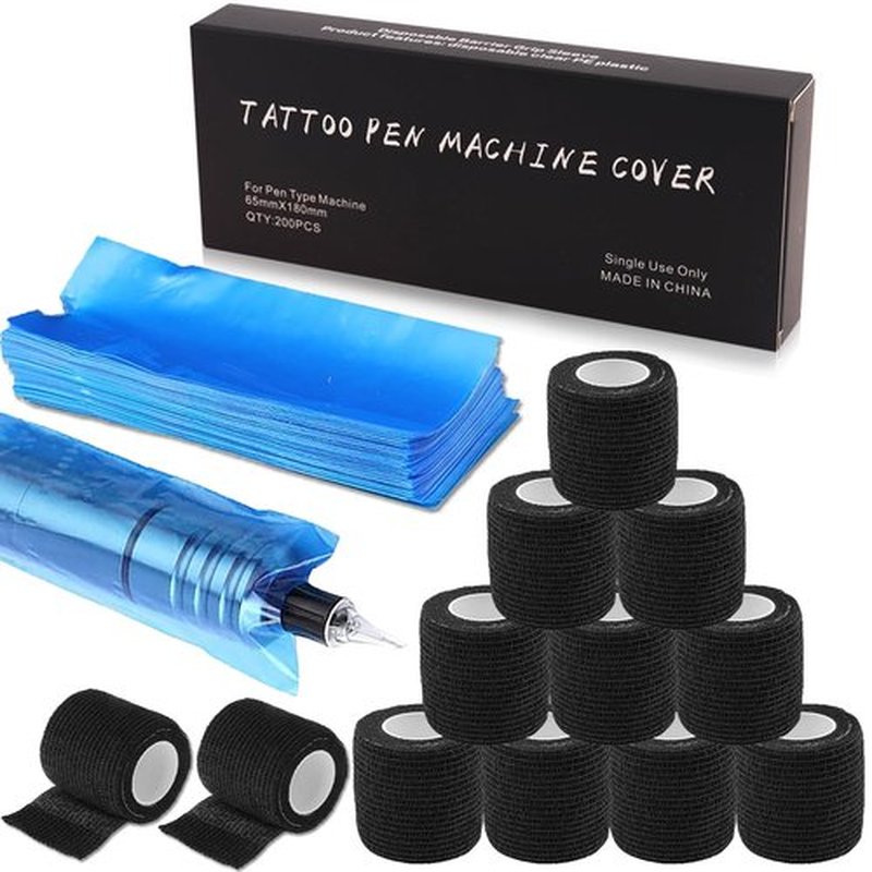 Tattoo Machine Covers with Grip Tape - YONGDA 200pcs Large Tattoo Pen Covers Bags Blue 2.56 * 7.08in Pen Machine Sleeves with 12pcs Grip Tape Wrap Self Adhesive Bandage Wrap