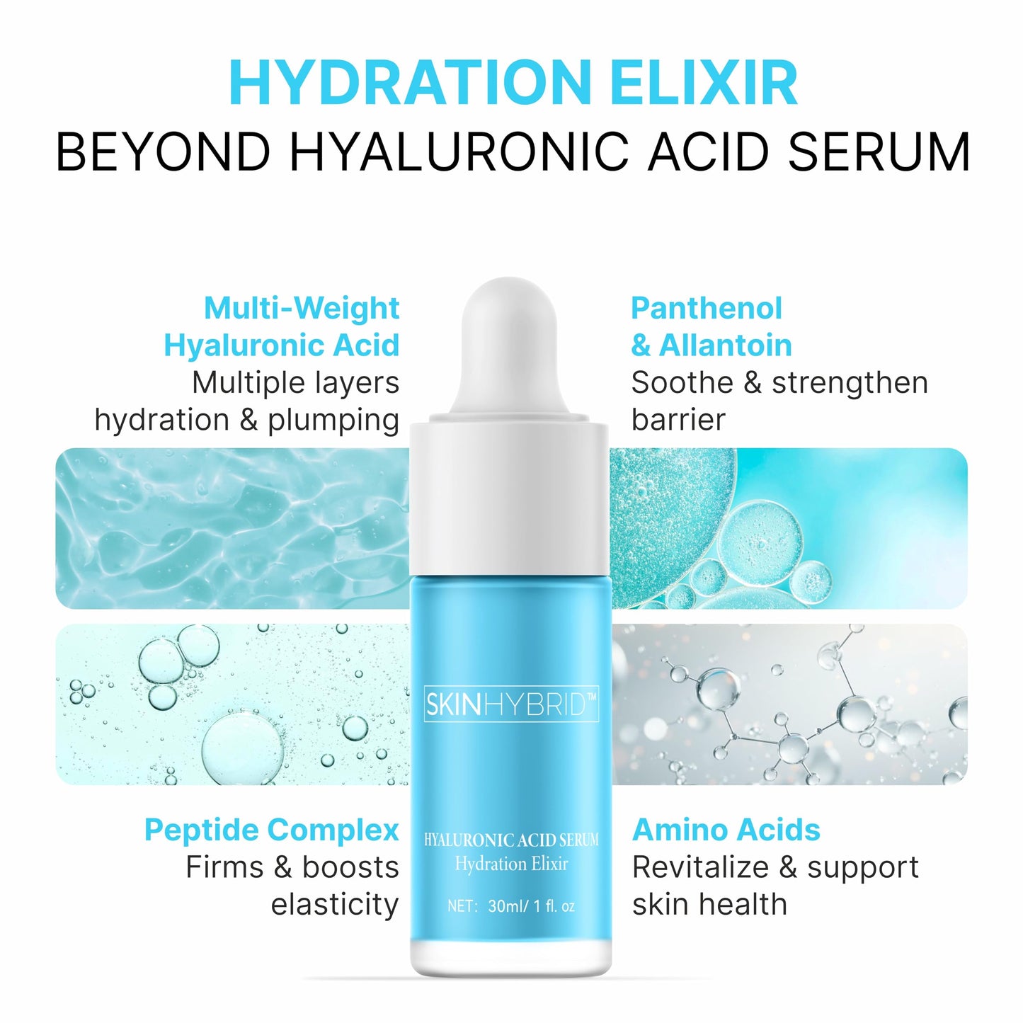 SkinHybrid Hydration Elixir | Gentle Hyaluronic Acid Serum for Face | Oil-Free Acido Hialuronico with Peptide Complex | Daily Deep Hydrating Serum for Face to Plump, Firm & Revive Dry Skin (30ml/1 oz)