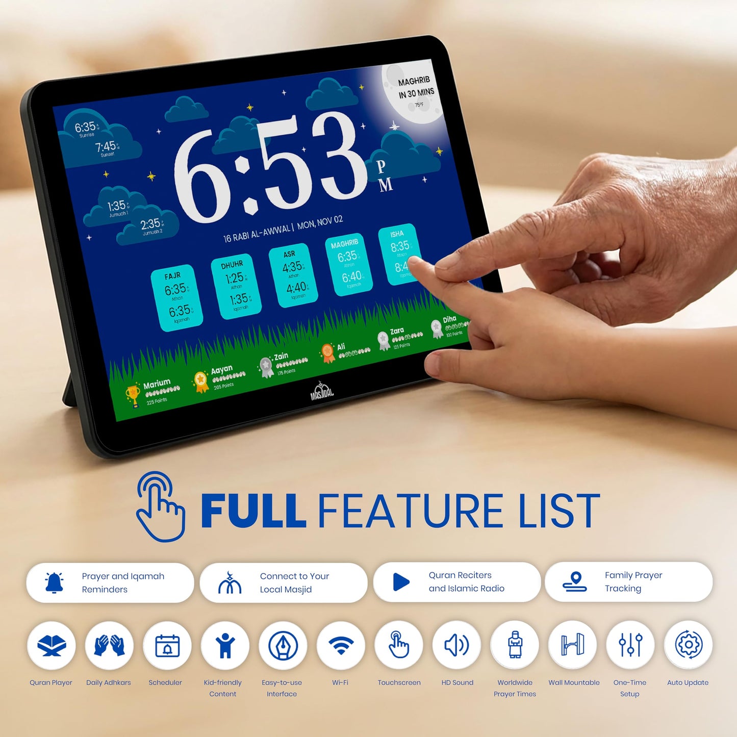 Masjidal 10" Smart WiFi Digital Azan Clock & Islamic Prayer Frame – Automatic Worldwide Prayer & Iqamah Times, Full Quran Player, Athan Alarm, Ramadan Clock, Touchscreen Muslim Home Display, Black