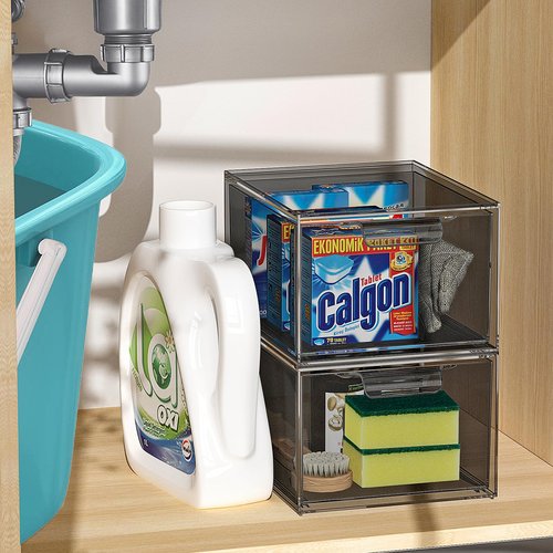 SpaceHacks 2 Pack Stackable Makeup Organizer and Storage, Acrylic Organizers，Clear Plastic Storage Drawer with Pull-Out Handles for Vanity, Undersink, Kitchen Cabinets, Pantry, Black