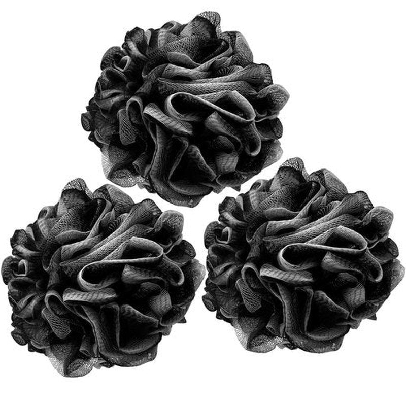 Loofah Charcoal Bath Shower Sponge Body Scrubber,75g XL Exfoliate Mesh Pouf Shower Bouquet,3 Pack Black Large Bath Sponge for Women and Men