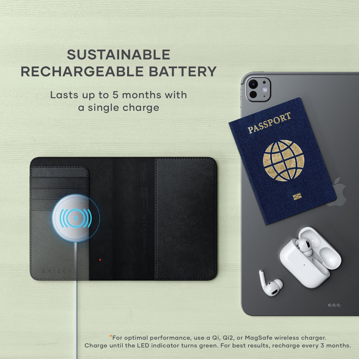 Satechi Passport Holder for Travel with Find My, Passport Cover with 4 Card Holder, Wireless Charging, and RFID protection – Travel Essential Vegan Leather Passport Holder – Black