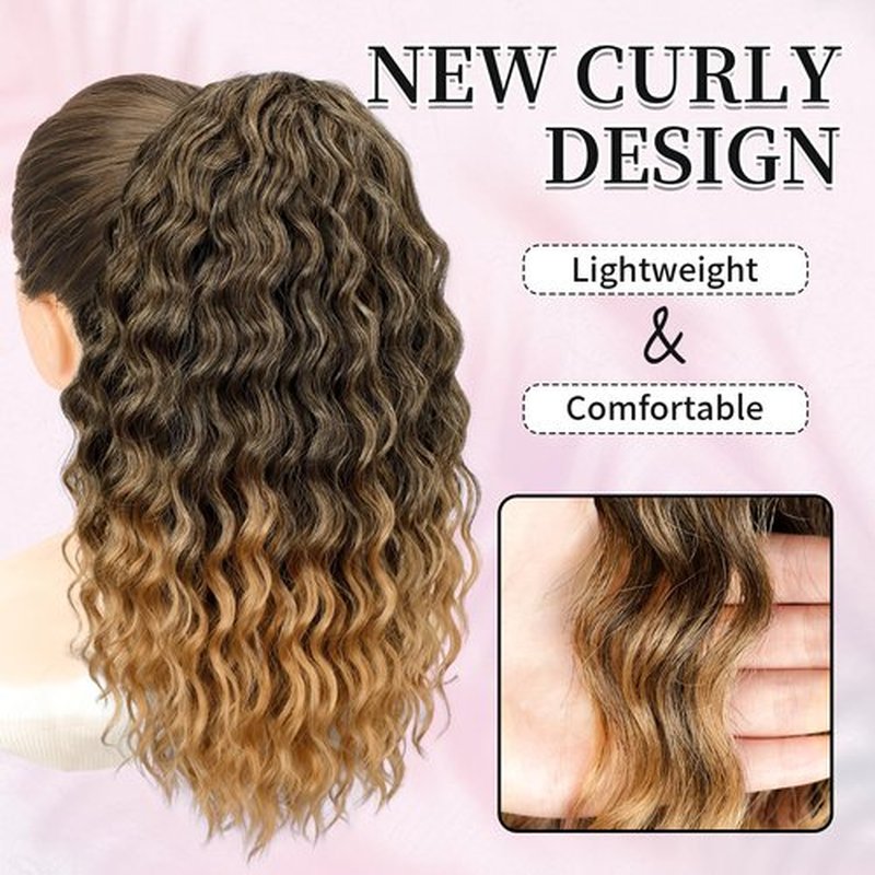 KooKaStyle Curly Ponytail Extension Fluffy Drawstring Ponytail Hair Extensions for Women Long Kinky Curly Wavy Pony Tail Extension Synthetic Hairpiece for Daily Use(18Inch Ombre Black To Blonde)