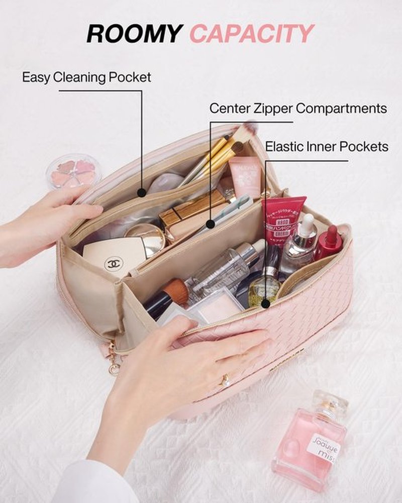 BAGSMART Makeup Bag Cosmetic Bag, Travel Makeup Bag, PU leather Makeup Bags for Women Portable Water-resistent Pouch Open Flat Make Up Organizer Bag for Toiletries, Brushes, Leather Pink