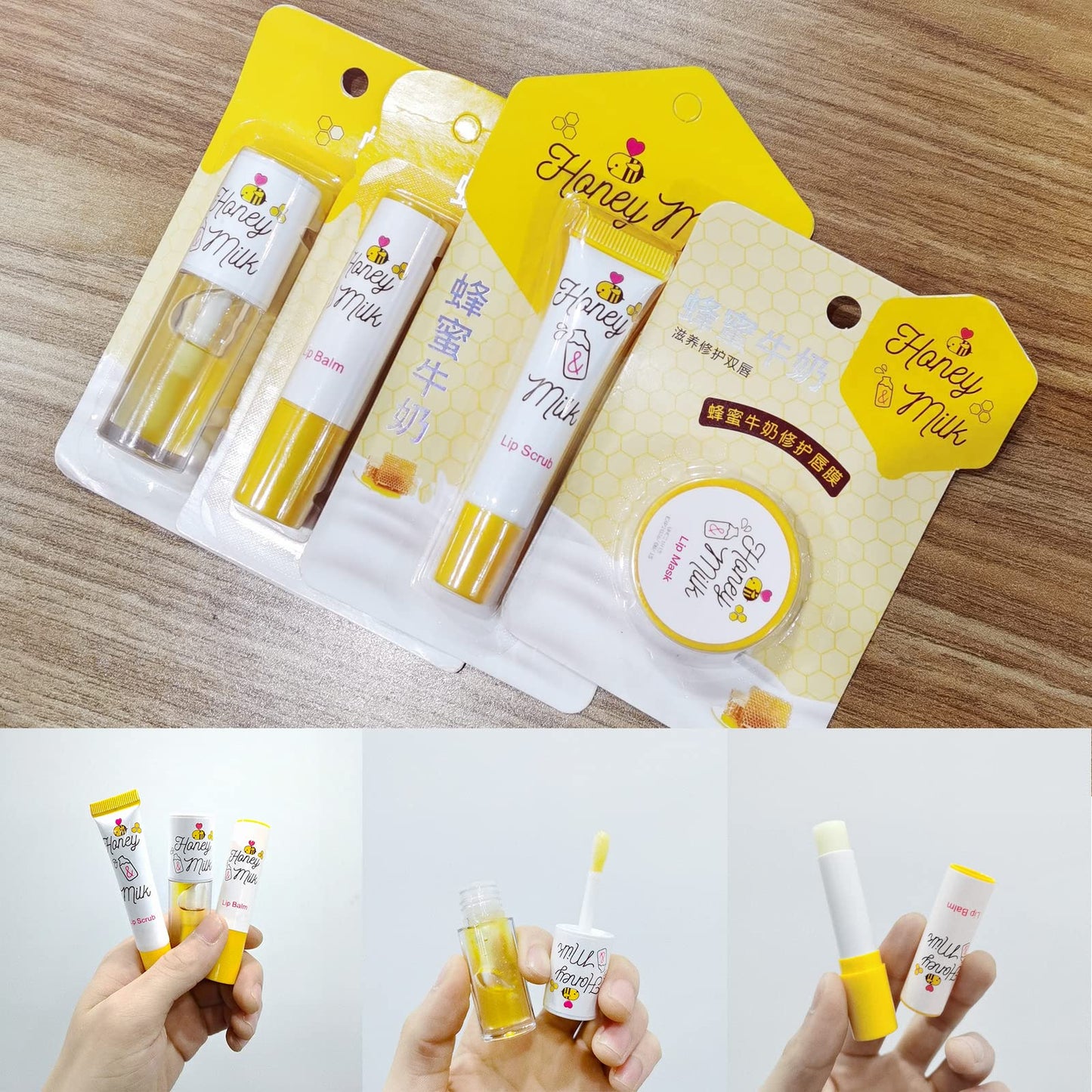 LSxia 4 Piece Honey Milk Lip Mask Lip Balm Lip Scrub Lip Oil Lip Care Kit