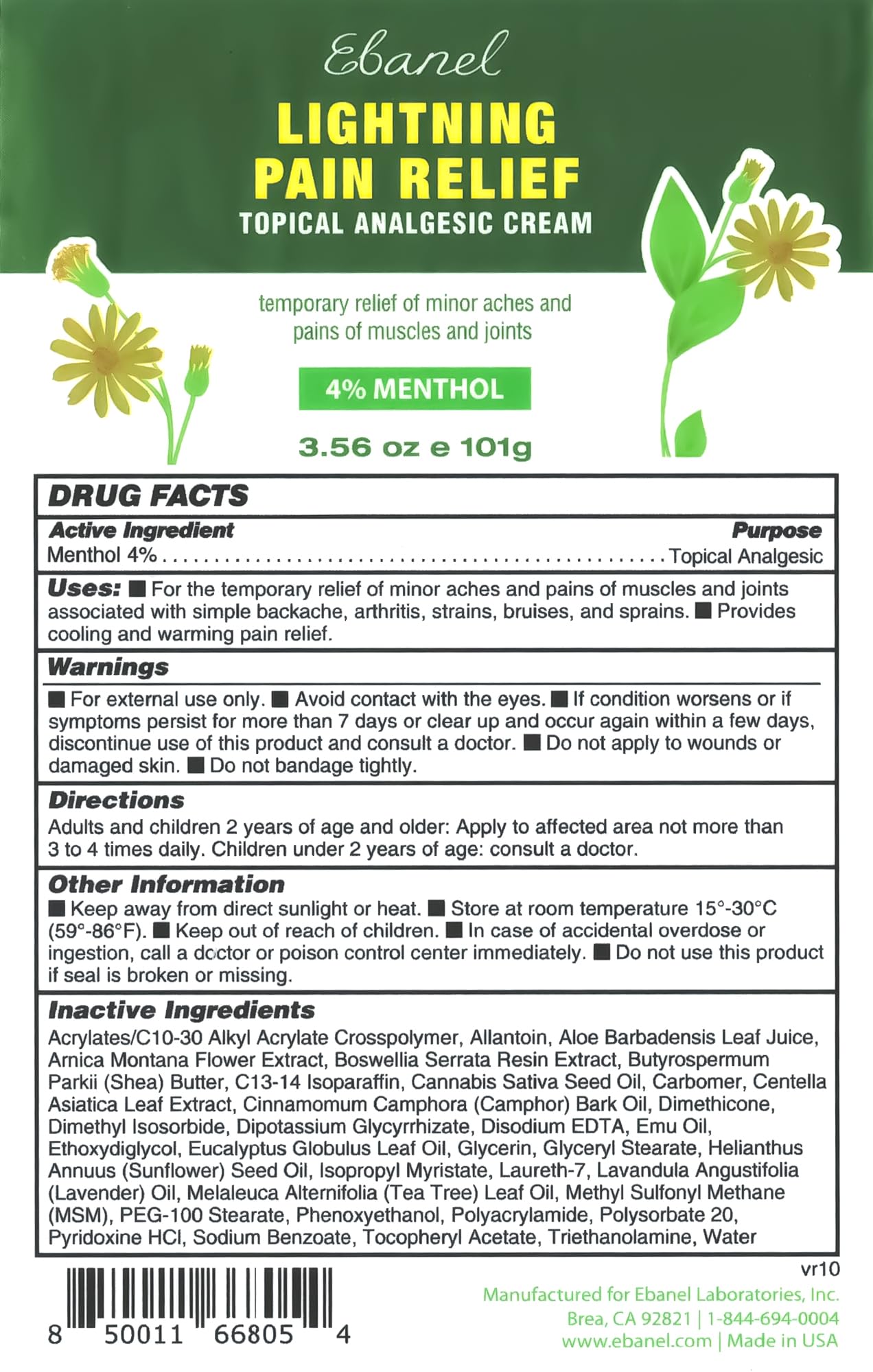 Ebanel Menthol Arnica Gel Pain Relief Cream Roll On with Camphor, Hemp Oil
