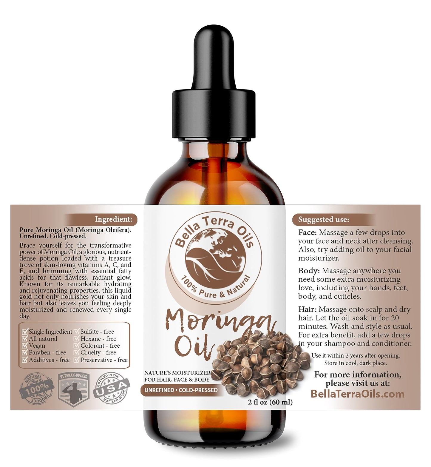 Bella Terra Oils - Natural Moringa Seed Oil 2oz - A Blend of Nature's Best, High in Oleic Acid & Vitamin E, For a Touch of Luxurious Smoothness