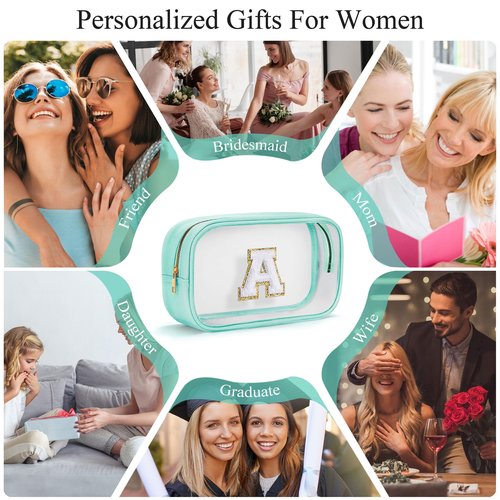 YOOLIFE Initial Clear Makeup Pouch, Clear Makeup Bag Cosmetic Travel Beach Toiletry Bag Travel Essentials Gifts for Women Teen Girlfriend Teacher Mom Brithday Gift for Women Teen Zipper Pouch Blue A