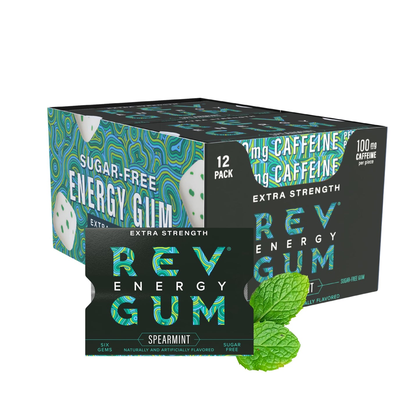 Rev Gum Caffeine Energy Gum | Extra Strength 100mg of Caffeine per Gem | Spearmint Sugar Free Caffeine Gum - Low Calorie Chews to Help You Stay Alert, Awake and Focused - Mint Chewing Gum - 12 Packs (72 Count)