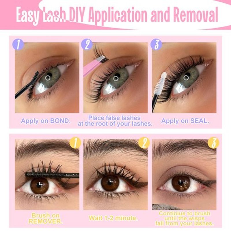 Lash Bond and Seal and Remover 3 in 1 Strong Hold Waterproof Long Lasting Cluster Eyelashes Bond and Sealant Easy to Use Lash Clusters Remover Pack