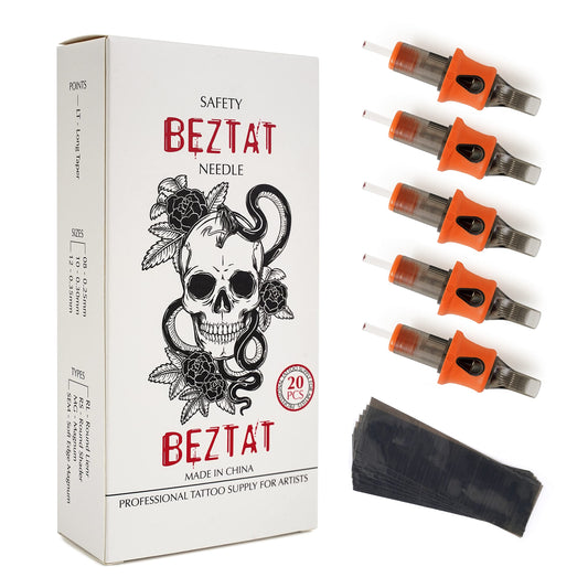 BEZTAT Ultra Premium Professional Tattoo Needles Cartridge w/Grip & Machine Covers Sleeves #08 Curved Magnum 20 Pack (0815CM)