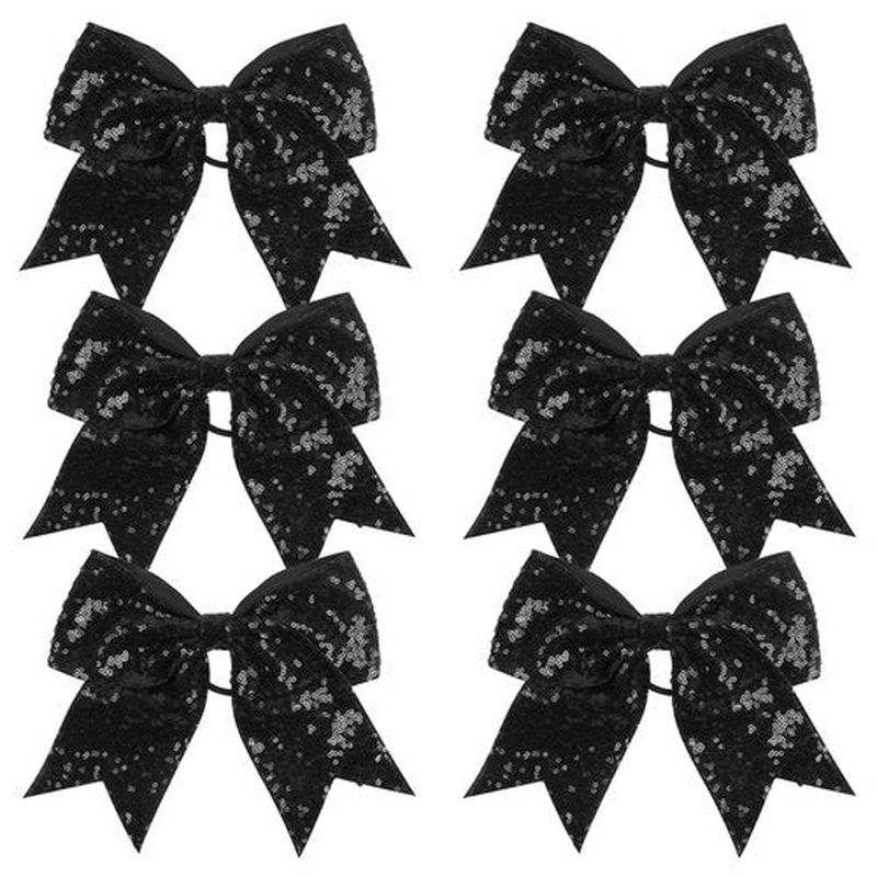 ICObuty Metallic Sequin and Holographic 8 Inch Cheer Bow for Cheerleaders Cheerleading Hair Tie (Black Sequin, 8 Count, 6 Pcs)