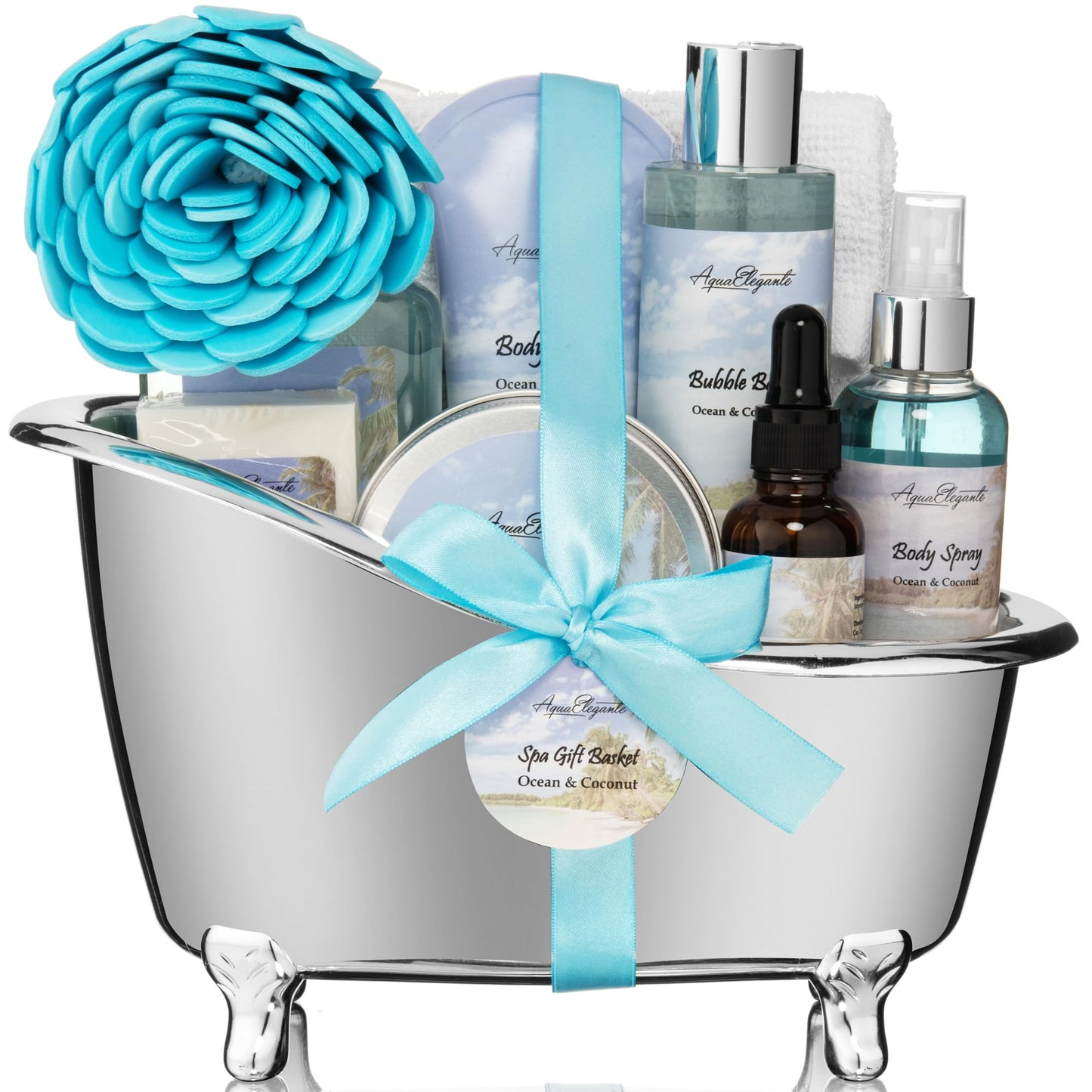 Aqua Elegante Spa Gift Basket For Women - Luxury Bath Set with Wash, Bubbles, Lotion, Body Butter, Soap, Towel, Shower Puff, Reusable Basket, Gifts for Mom, Wife, Girlfriend - Ocean & Coconut