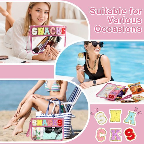 TESAFNG Snack Bag for Travel - Clear Chenille Varsity Letter Flat Pouch with Zipper, Waterproof Clear PVC&PU Preppy Patch Makeup Cosmetic tote Bags for Women Girls (Rose-Snacks)