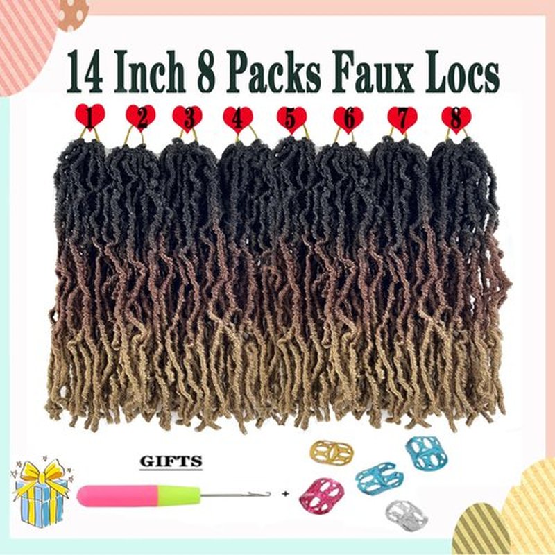 Ombre Faux Locs Crochet Hair 14 Inch New Soft Locs 8 Packs Pre-looped Crochet Braids Short Soft Goddess Locs Curly Wavy Croceht Hair for Women(1B/30/27, 8packs)