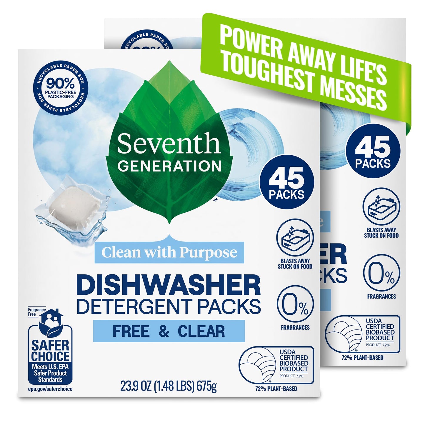 Seventh Generation Dishwasher Detergent Packs, Free & Clear, 45 Count, Pack of 2, Plant Powered Cleaning, Fights Greasy Reside & Stuck-On Food For Sparkling Dishes, Fragrance-Free & Septic Safe