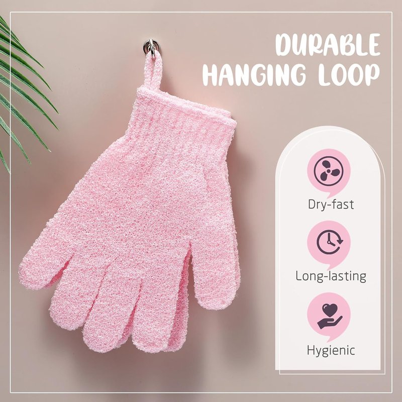 Exfoliating Shower Gloves - 104 Pcs Body Scrubber Set for Men & Women | Pink with Hanging Loop