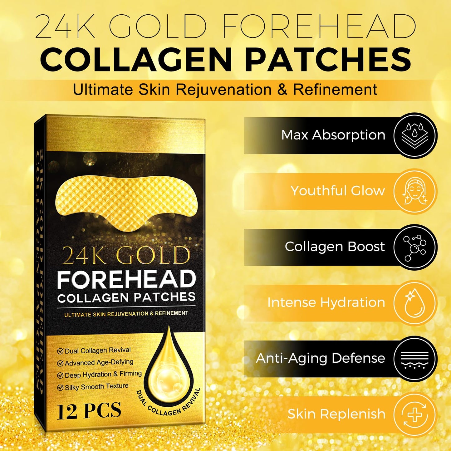 24K Gold Forehead Patches, 20 Minute Wrinkle Smoothing Patches with Dual Collagen & Hyaluronic Acid, Anti Aging Face Patches for Visible Results, Luxury Skin Care Treatment for Fine Lines (12 Pcs)