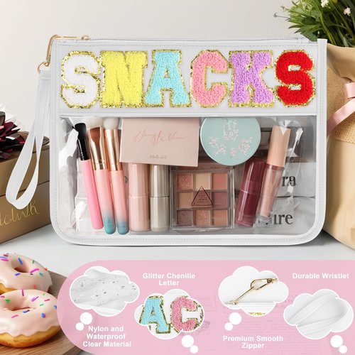 TESAFNG Snack Bag for Travel - Clear Chenille Varsity Letter Flat Pouch with Zipper, Waterproof Clear PVC&PU Preppy Patch Makeup Cosmetic tote Bags for Women Girls (White-Snacks)