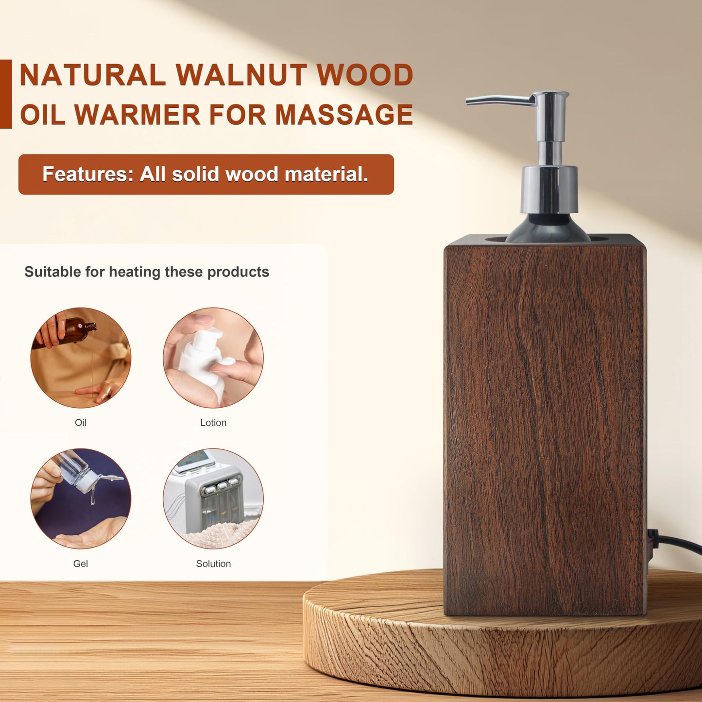 Walnut Wood Massage Oil Warmer Automatic Heating Faster with 2 Massage Oil Pump Bottles Lotion Warmer Dispenser Heated 122-140°F Suitable for Salon Spa Electric Oil Warmer Massage Elitzia ETAW02S