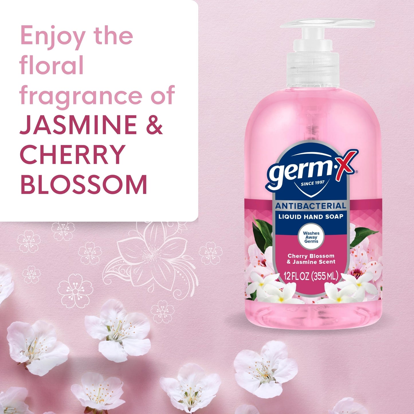Germ-X Antibacterial Hand Soap, 12 Oz (Pack 4), Moisturizing Liquid Hand Wash for Kitchen or Bathroom, pH Balanced & Dermatologist Tested, Jasmine & Cherry Blossom Scent, Pump Bottle