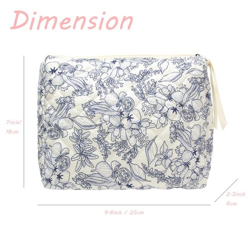 PAZIMIIK Cotton Makeup Bag for Women Large Quilted Travel Cosmetic Pouch Girls' Make Up Organizer,Flower White