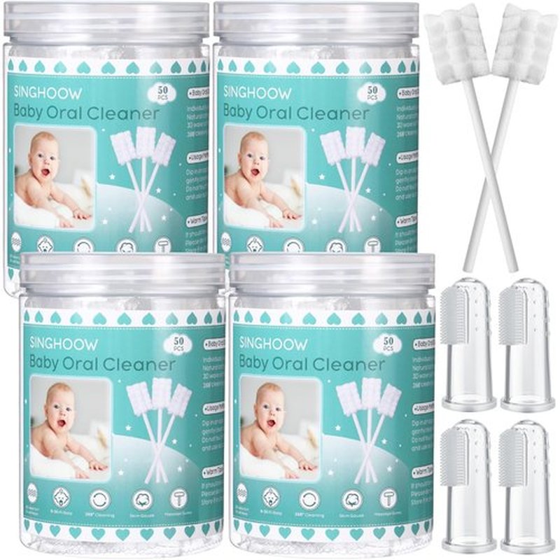 Singhoow 200 Pieces Baby Tongue Cleaner Disposable Infant Oral Cleaner with 4 Pieces Finger Toothbrush Soft Gauze Baby Mouth Cleaner Newborn for Tooth Mouth Gum Dental Care(Blue)