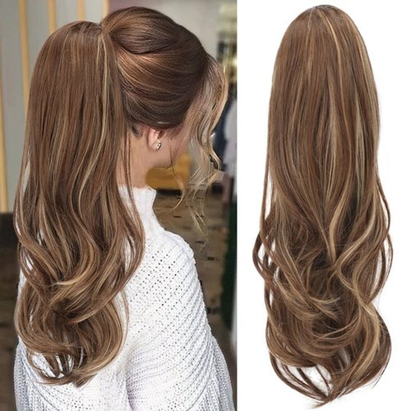 KooKaStyle Ponytail Extensions, 22 inch Ash Blonde Mix Light Brown Long Drawstring Wavy Clip in Ponytail Hair Extensions Layered Synthetic Hairpiece for Women