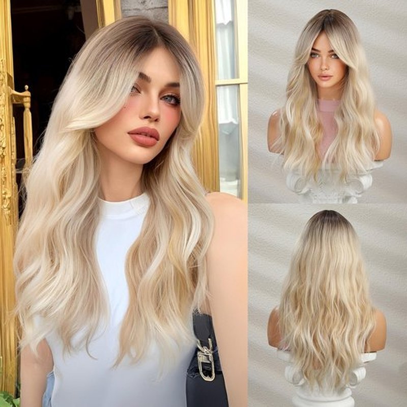 OMELPIS Long Ombre Blonde Wig with Bangs for Women Natural Layered Wavy Wigs Brown Roots Heat Resistant Synthetic Fiber High Density Curly Hair for Daily Party Holiday Dating Use 24‘’