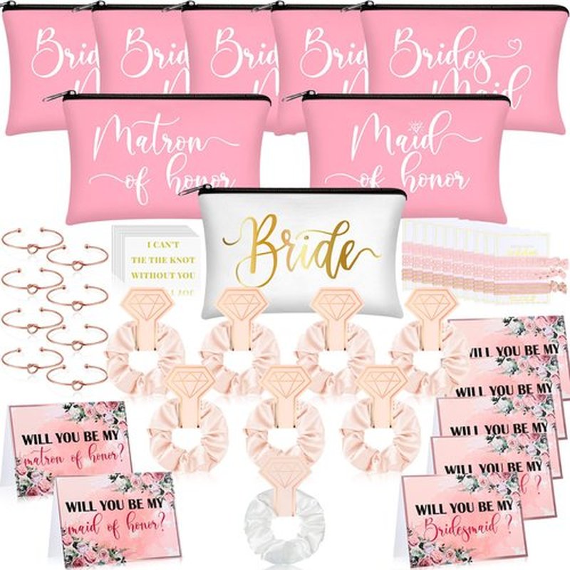 63 Pcs Bridesmaid Proposal Gifts Bulk Maid of Honor Gifts Matron of Honor Gifts Brides Bridesmaid Cosmetic Makeup Bag Hair Knotted Bracelets Invitation Cards for Wedding Bachelorette (Vivid Style)