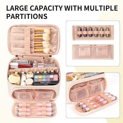 OCHEAL Makeup Bag, Multifunctional Make Up Bags Large Compact Makeup Bag Organizer Cosmetics Toiletry Brushes Storage Case for Women Girls Makeup Case with Handle Divider-Beige