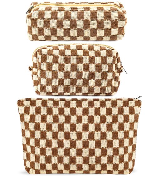 ZLFSRQ 3Pcs Checkered Makeup Bag for Women Large Cosmetic Bag Set Travel Toiletry Bag Makeup Pouch Bag for Purse Brown Zipper Storage Bag Organizer Cute Small Aesthetic Girls Car Essentials Bag
