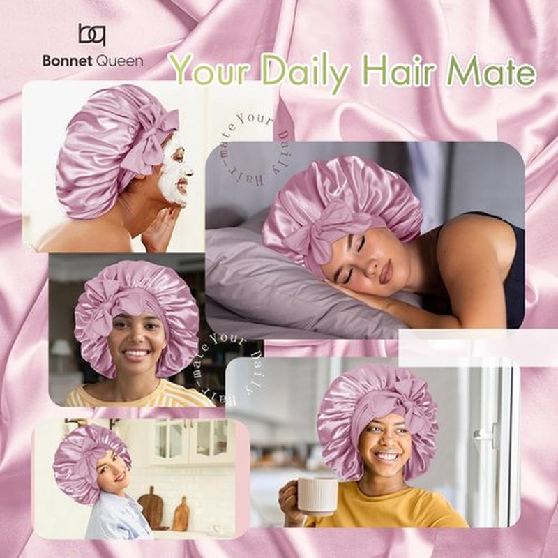 BONNET QUEEN Large Silk Sleeping Bonnet Satin Adjustable Big Bonnet for Curly Hair Braids Night Hat Cap Wrap with Tie Band Rose