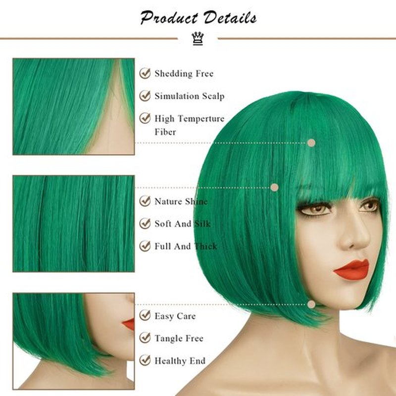 SOFEIYAN Short Straight Bob Wigs with Bangs 11 inch Synthetic Daily Party Cosplay Hair Wig for Black Women, Green