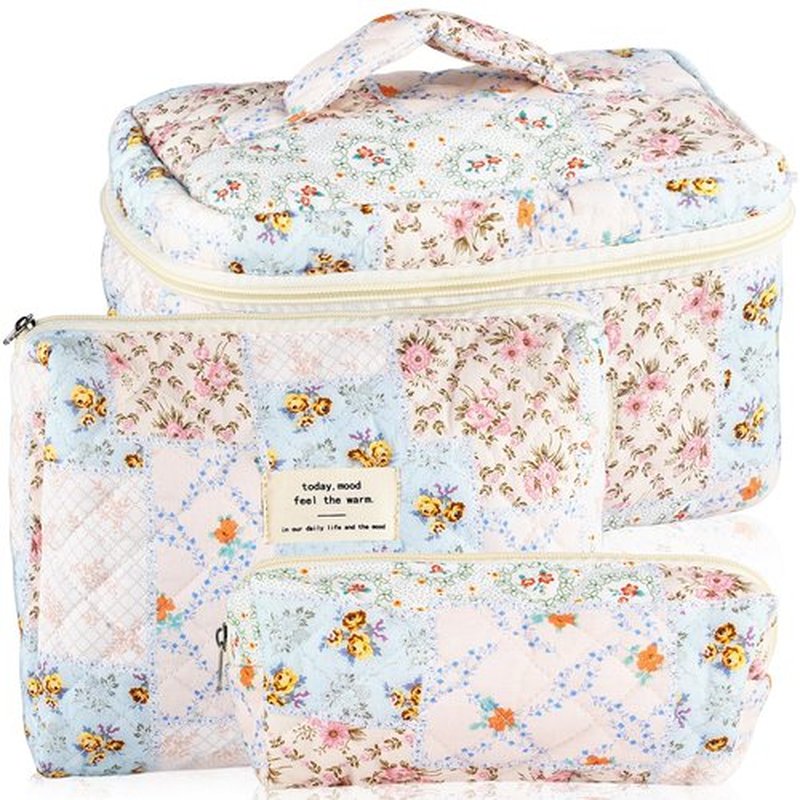 URSKYTOUS 3Pcs Cotton Quilted Makeup Bag for Women Girls Large Small Travel Floral Cosmetic Bags Set Cute Coquette Makeup Pouch for Purse Aesthetic Cloth Bee&Flower Storage Toiletry Bag Organizer