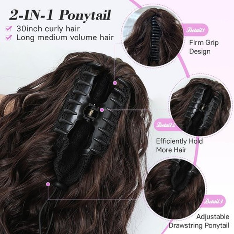 MARJORIE Ponytail Extension 30 Inch Long Reddish Chocolate Brown Curly Claw Pony Tails Hair Extensions Natural Looking Curly Wavy Ponytail Multi-layered Design Wavy Synthetic Hairpiece for Daily Use