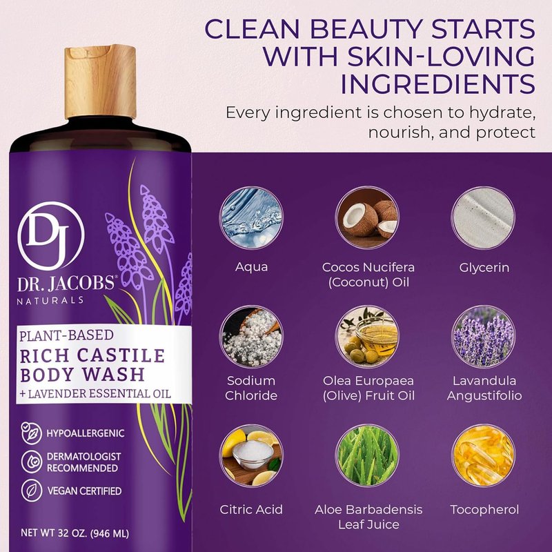 Dr. Jacobs Naturals Castile Lavender Body Wash - All-Natural Moisturizer for Dry, Sensitive Skin | 32 Ounce
