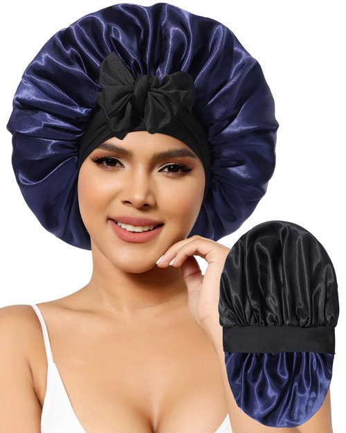 Satin Bonnet for Women Silk Bonnets for Sleeping Curly Hair Bonnet with Elastic Tie Band Reversible Double Layer Sleep Cap Hair Wrap (Black + Dark Blue)