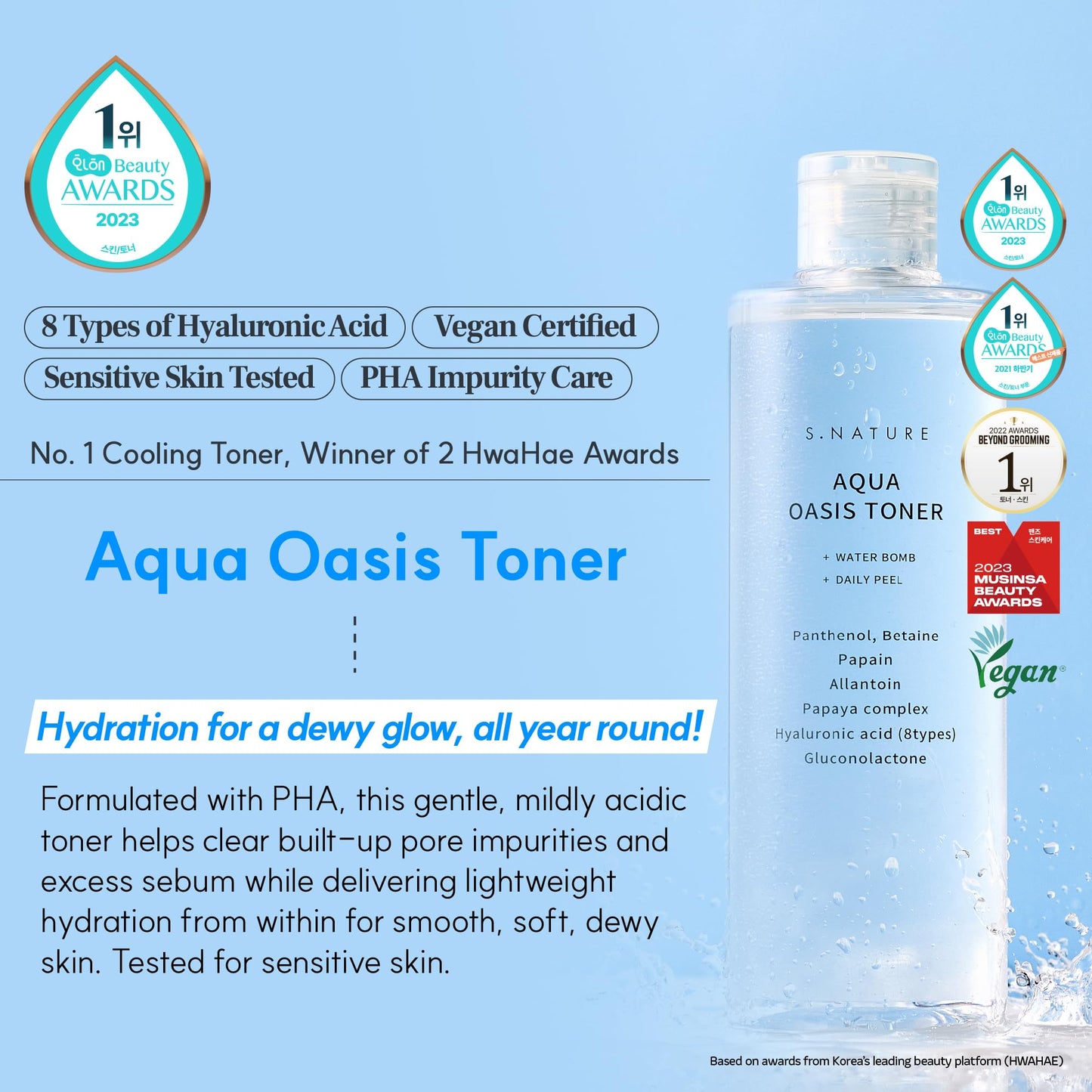 S.NATURE Aqua Oasis Toner | PHA, Soothing and Calming Skin,Hydrating, Refreshing Toner for All Skin Types, Korean Skin Care, Vegan | 210ml, 7.10 Fl Oz