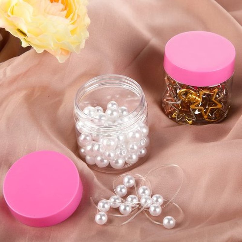 6 Pack Clear Container with Lids Small Plastic Pot Jars Wide Mouth Round Leak Proof Plastic Container Jars with Lid for Travel Storage, Eye Shadow, Nails, Paint, Jewelry (2 oz, Pink)