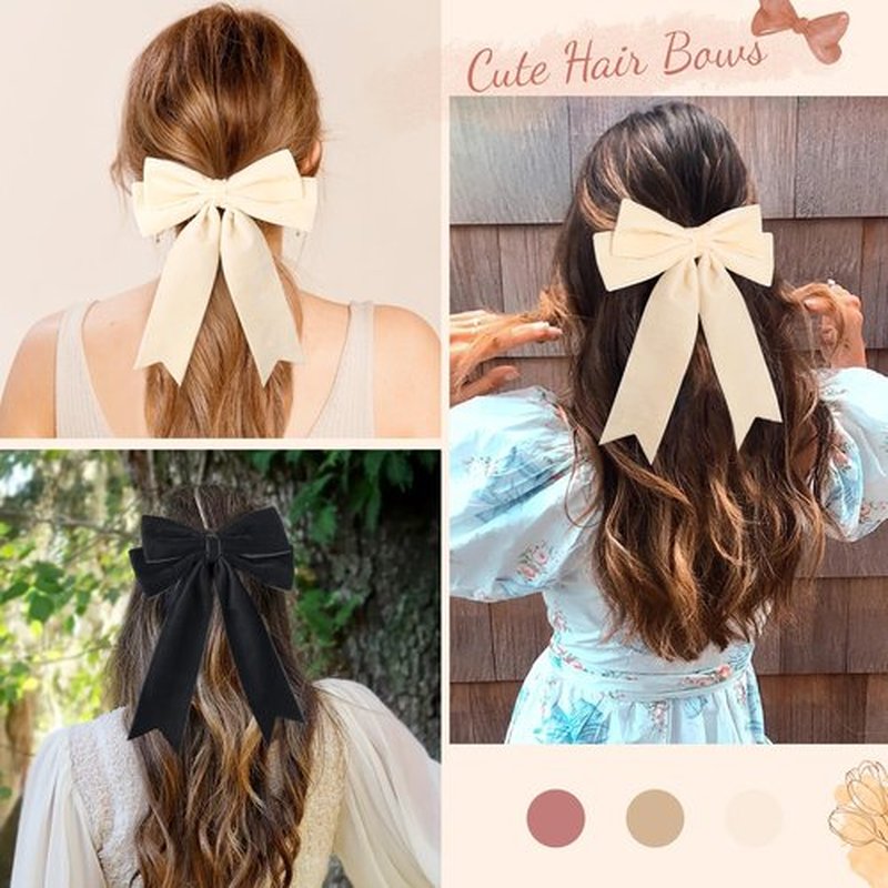 2PCS Velvet Bows Hair Clip Ribbon Black Beige Accessories Ponytail Holder Hair Bow for Women Girls Toddlers Teens Kids