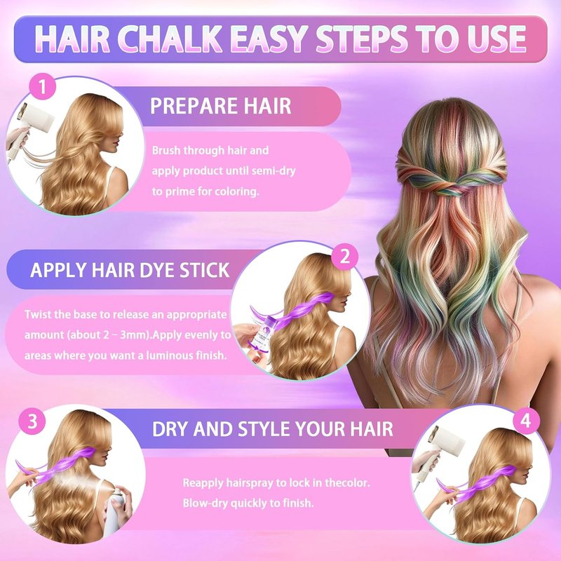 Temporary Hair Color Stick Set - Waterproof & Sweatproof Hair Chalk | Non-Sticky Washable Face & Body Paint (Red, Blue, Green, Purple)