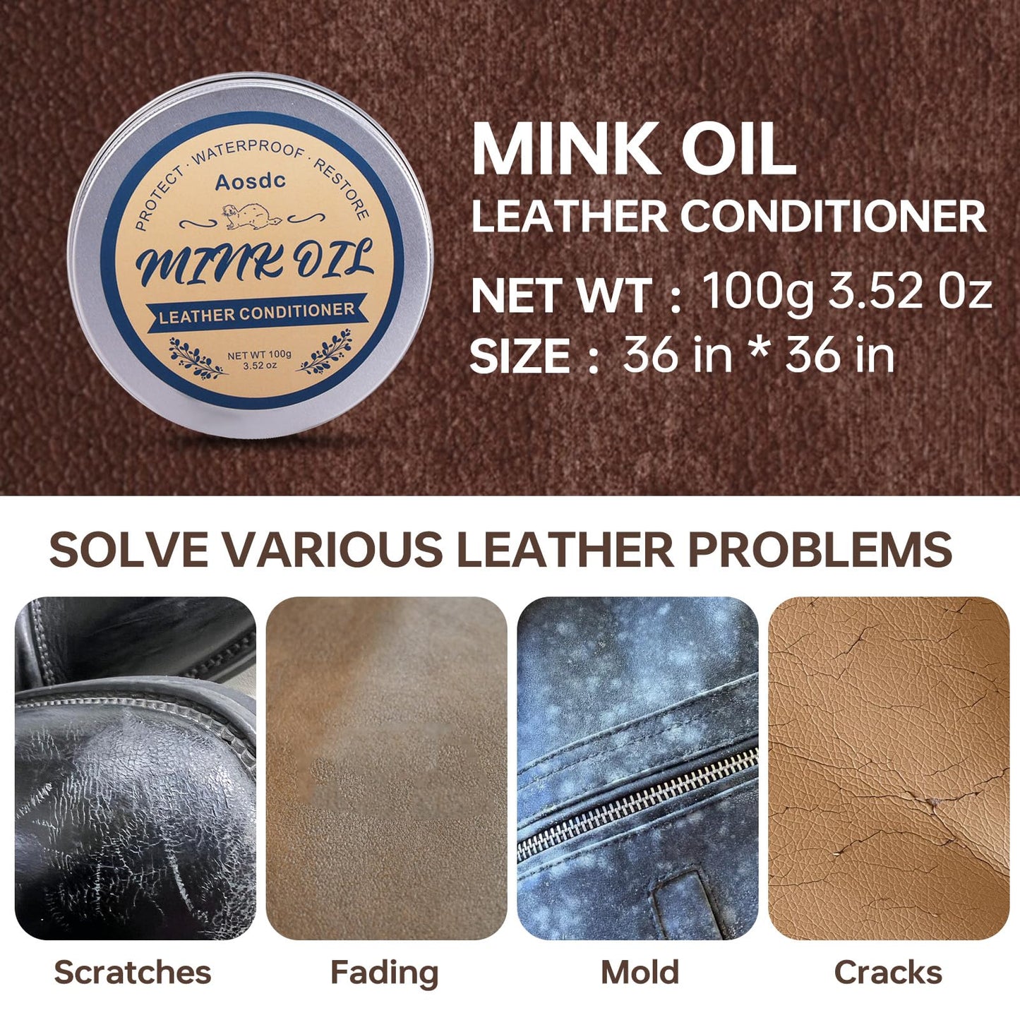 Aosdc Mink Oil Leather Conditioner and Cleaner 3.52 oz - Premium Waterproof Formula for Leather Cowboy Boots,Natural Waterproof Soften and Restore Shoes, Jackets, Hats, Baseball Gloves, Saddles