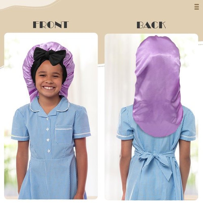 Kids Long Hair Bonnet for Sleeping - Double Layer Girls Elastic Satin Bonnet with Tie Band for Braid Curly Hair (Black+Purple)