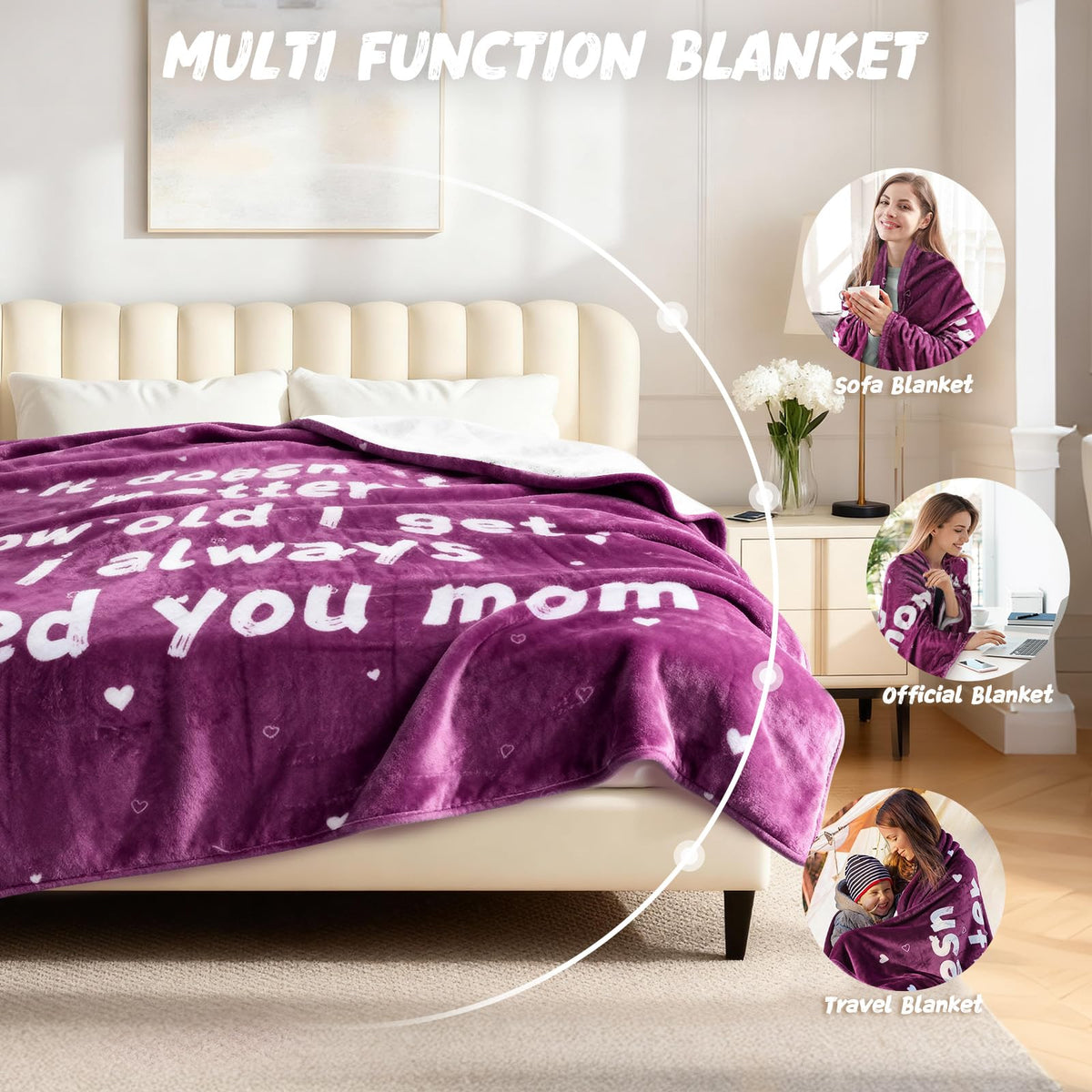 Gifts for Mom - Mom Gifts for Mother's Day Birthday Christmas - Love Mom's Blanket Soft Flannel Throw Blanket 60x50'' (Plum Purple)