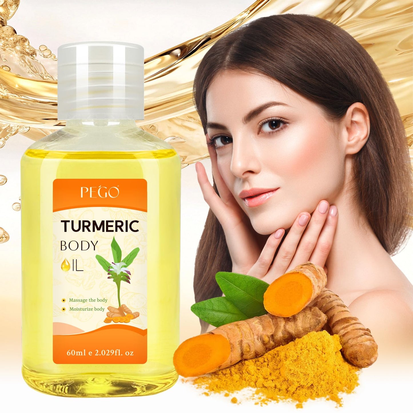 PEGO Turmeric Body Oil for Adults,Deep Moisturizing Massage Oil,Multi-Use for Face, Leg, Body, Hair Care, Foot & Buttock, Natural Turmeric Infused for Dry Skin Reliefs (1Pack)