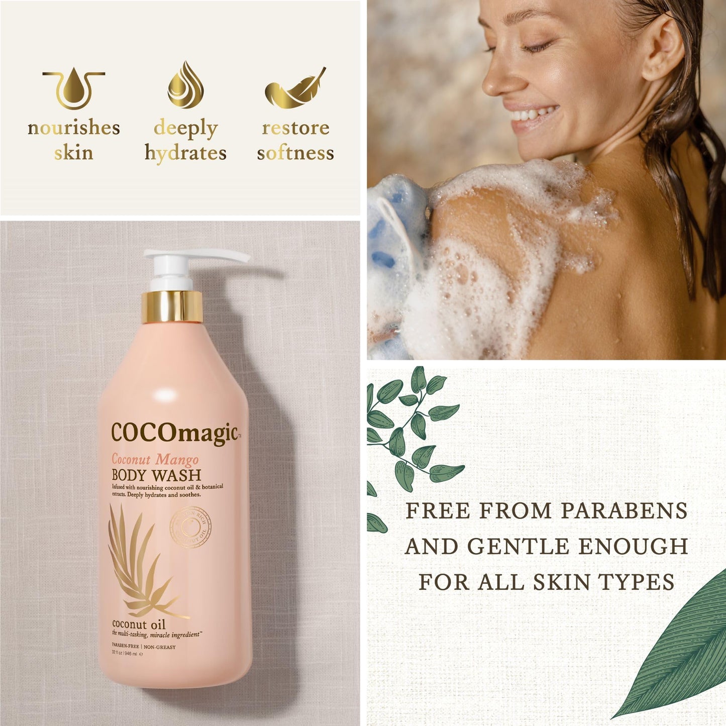 Cocomagic Coconut Mango Body Wash | Hydrating Coconut Oil & Shea Butter | Nourishes, Softens, Gently Cleanses | Paraben Free, Non-Greasy (32 Fl Oz)